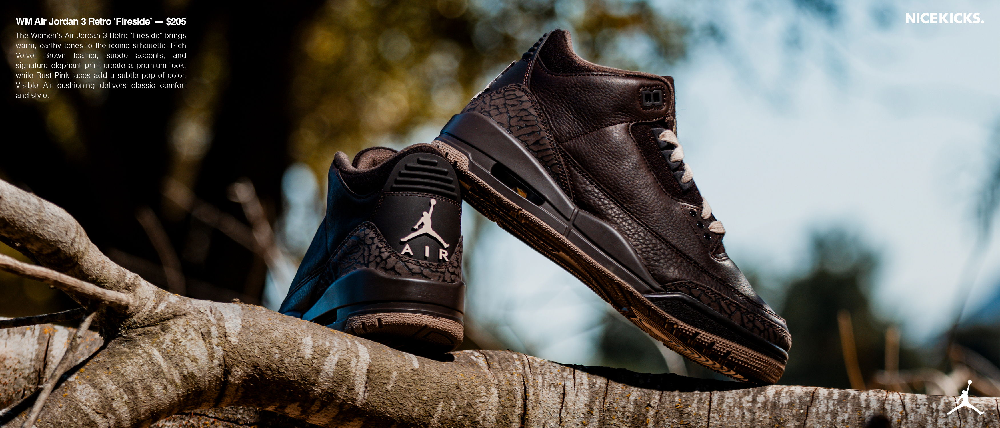 Black sneakers displayed on a branch, featuring a logo.