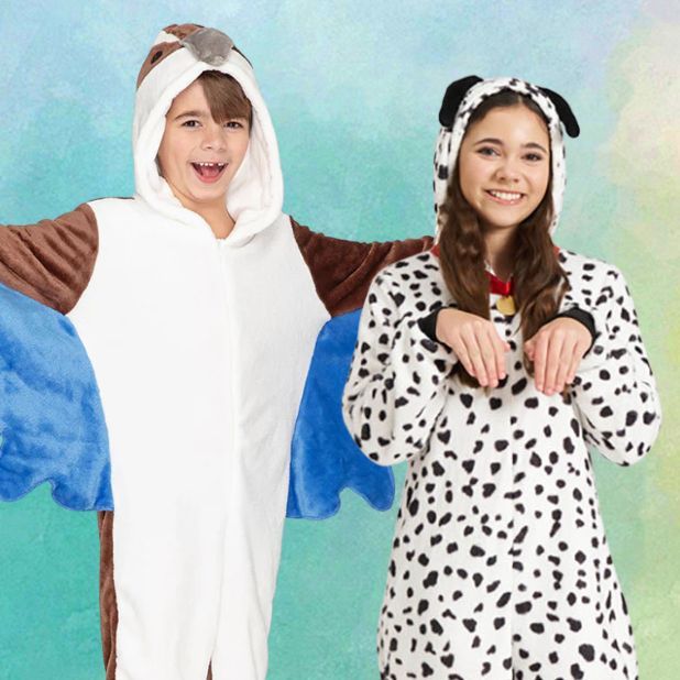 A green background with two Animal Kingdom Costumes. Our Dalmatian and Laughing Kookaburra Costumes. Click to shop all Animal Kingdom Book Week Costumes.