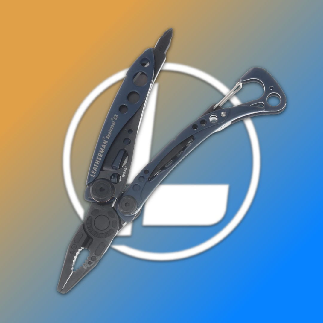 A multi-tool pliers on a gradient background with a circular logo.