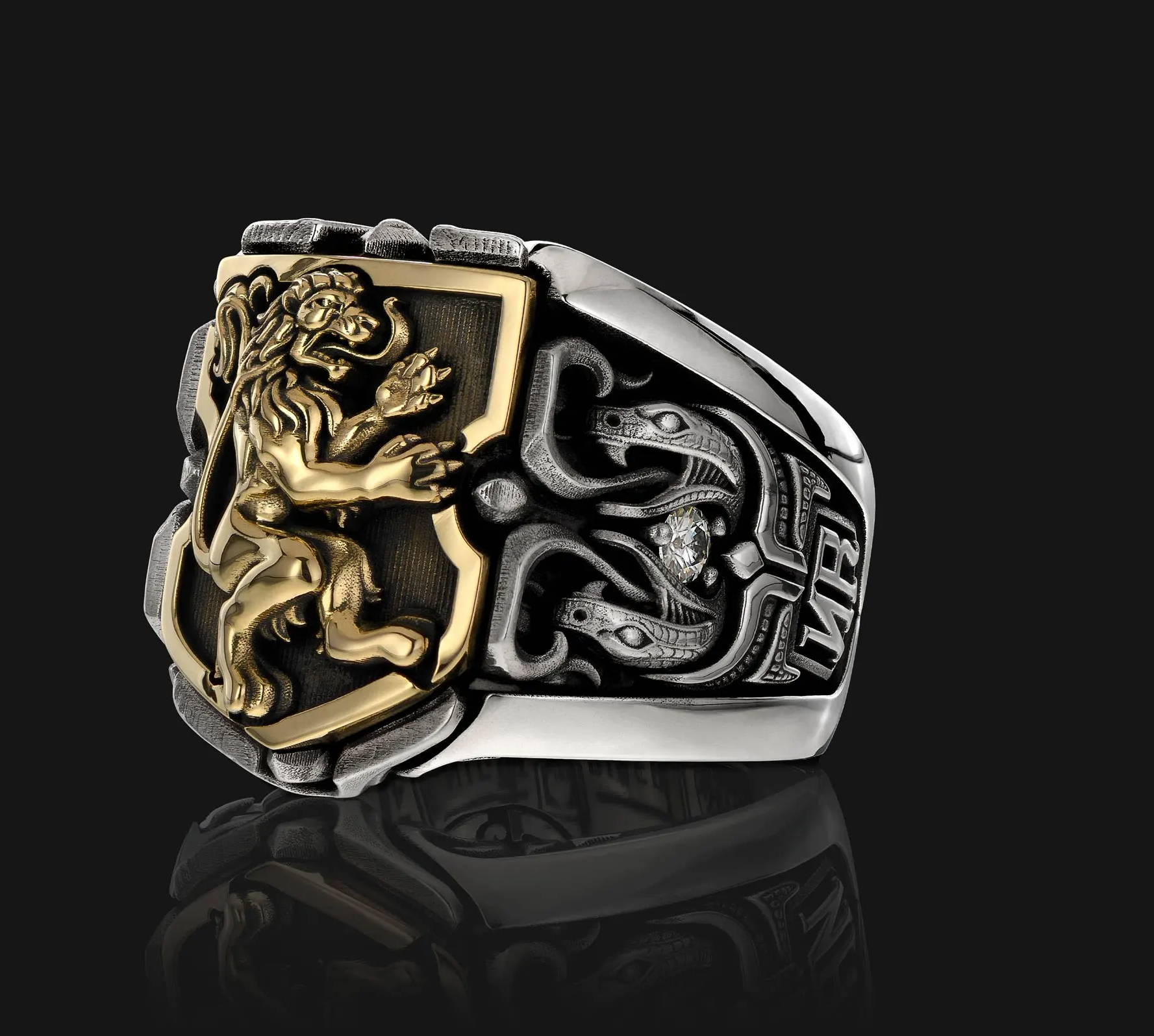 Guardian Lion Luxe Edition Ring in 14K Yellow Gold, 925 Sterling Silver, & Diamonds