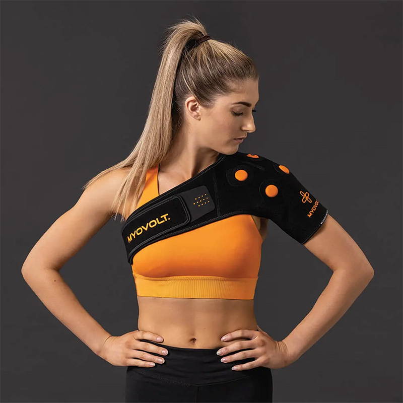 Myovolt vibration therapy shoulder brace for muscle pain relief and treatment of Frozen Shoulder, Swimmer’s Shoulder and sports overuse injury.