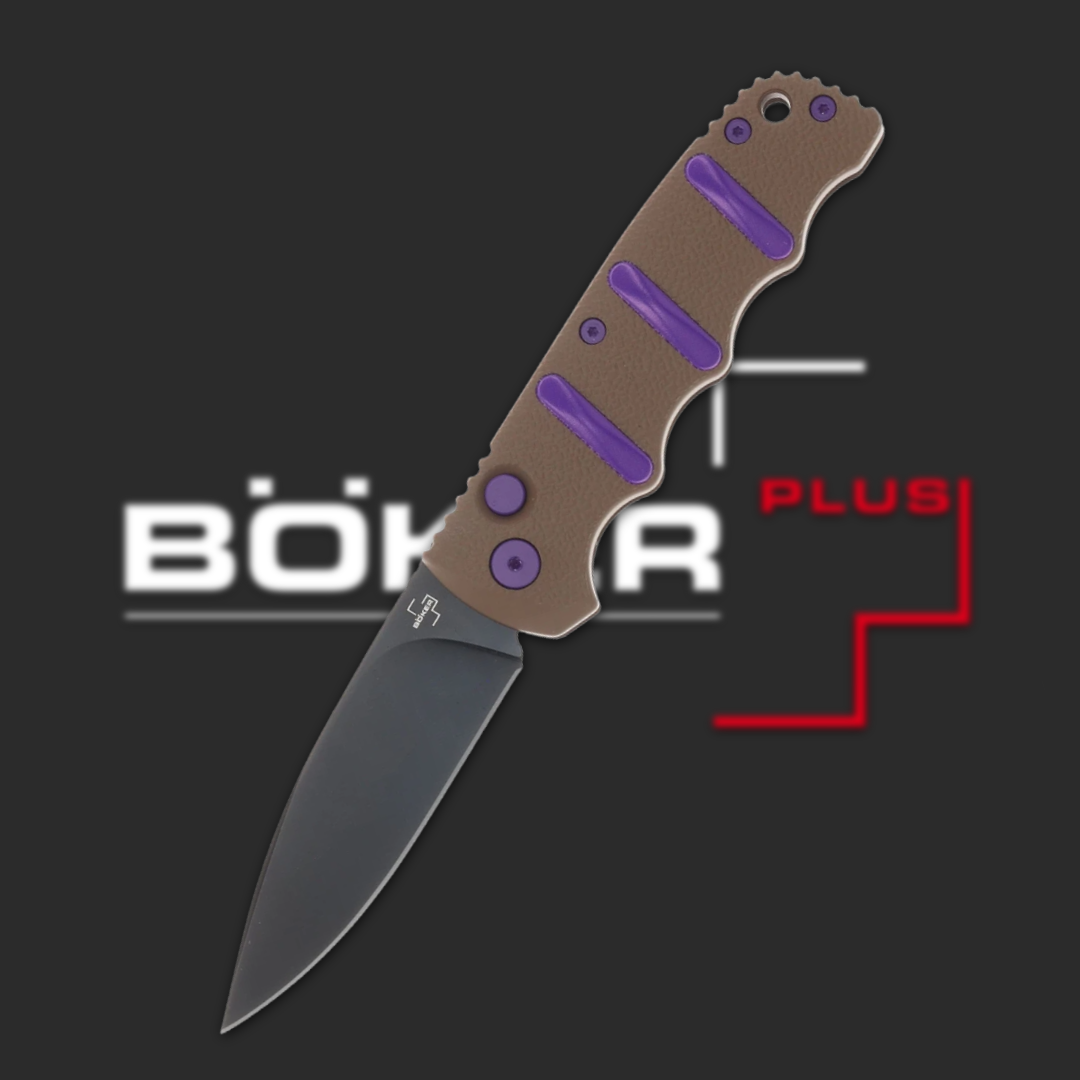 Folding knife with a brown handle and a black blade on a dark background.