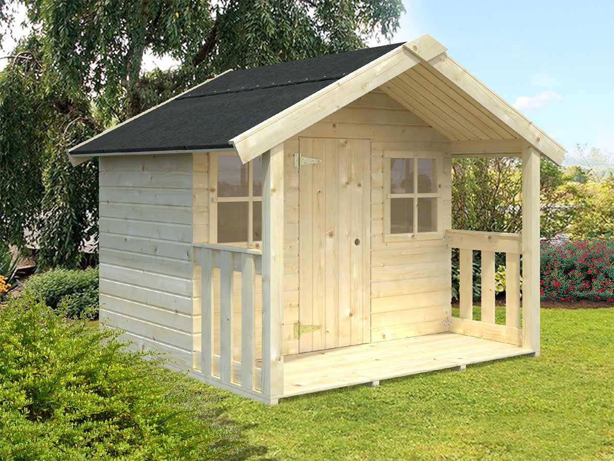 Natural Wooden DIY Playhouse with two windows and porch on green grass by WholeWoodPlayhouses