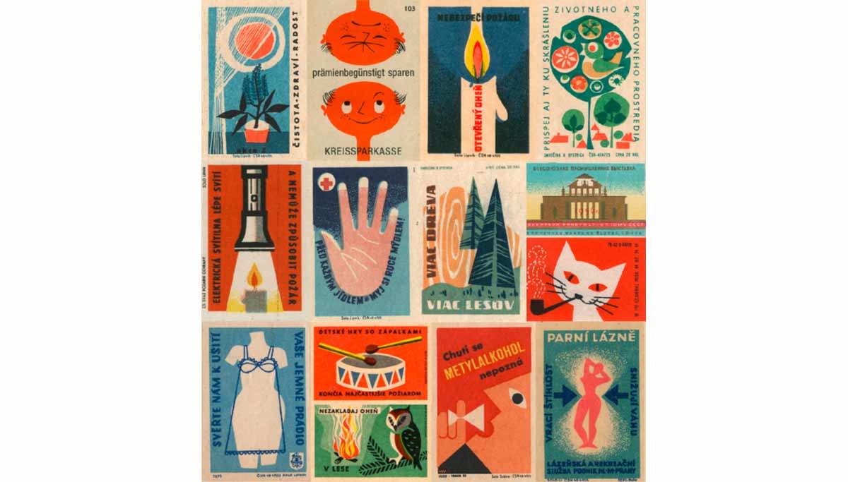A collection of vintage matchbook covers with different motifs.