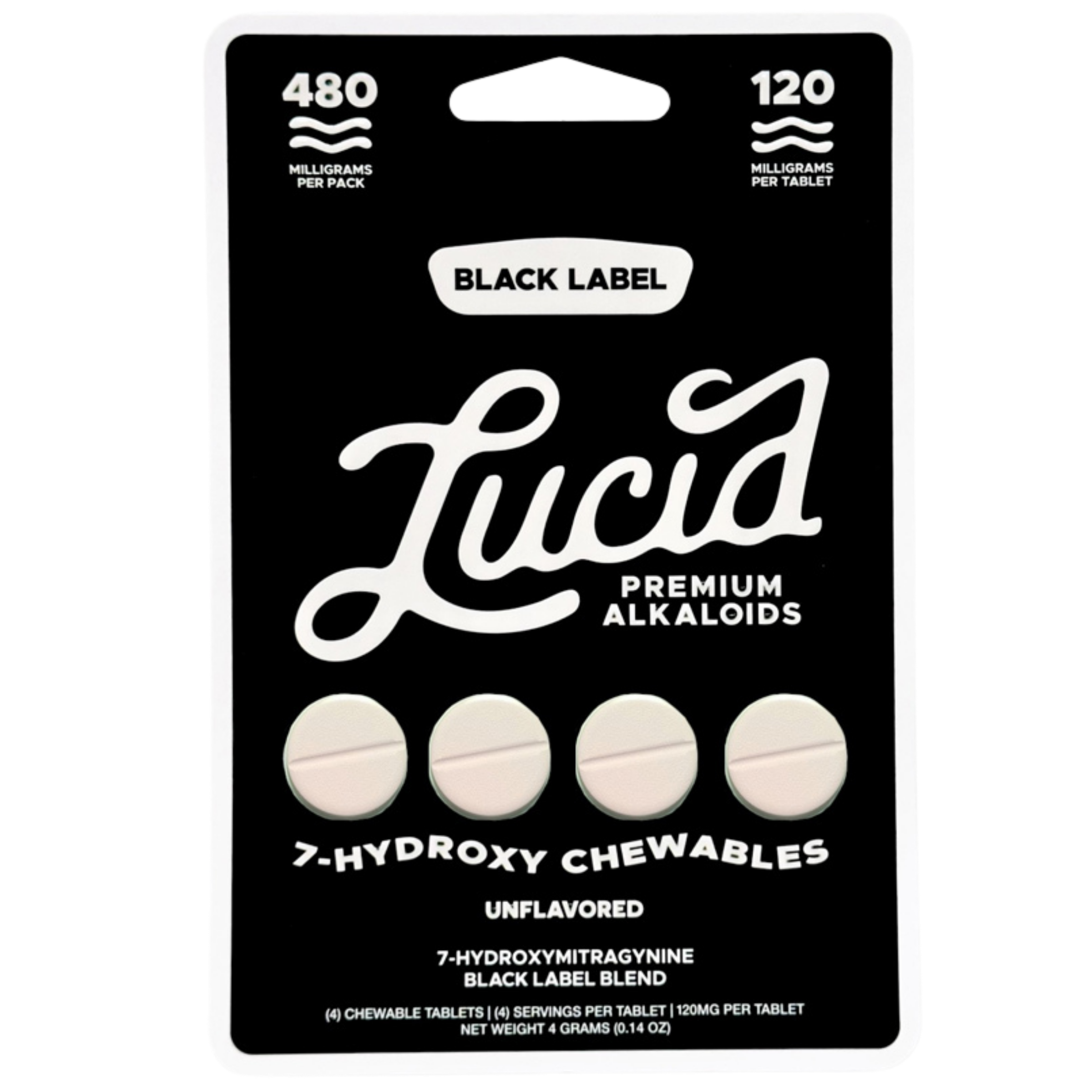 Packaging for Lucid premium alkaloid chewables, featuring white tablets on a black background.
