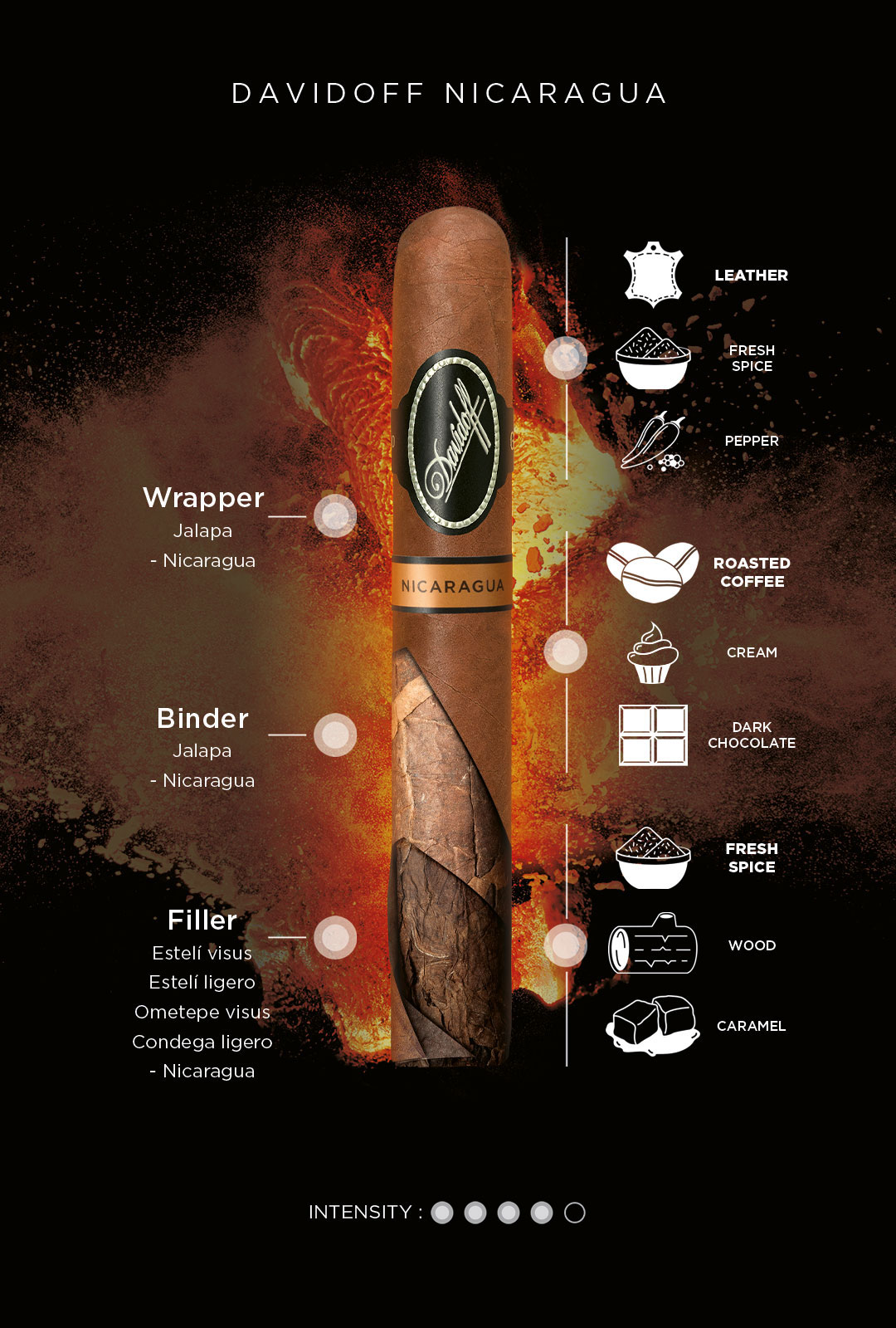 Blend banner of the Davidoff Nicaragua line including tobacco information, aromas and intensity. 