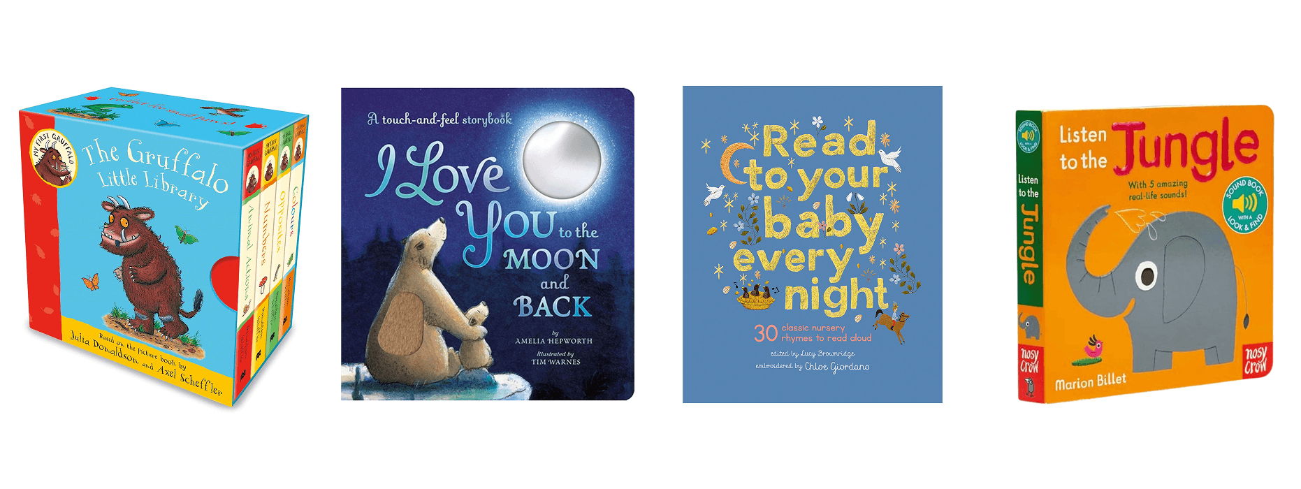 Four children's books with colorful covers and varied themes.