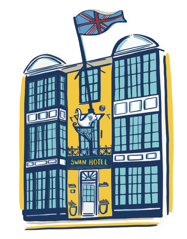 Illustration of a hotel building with a British flag.