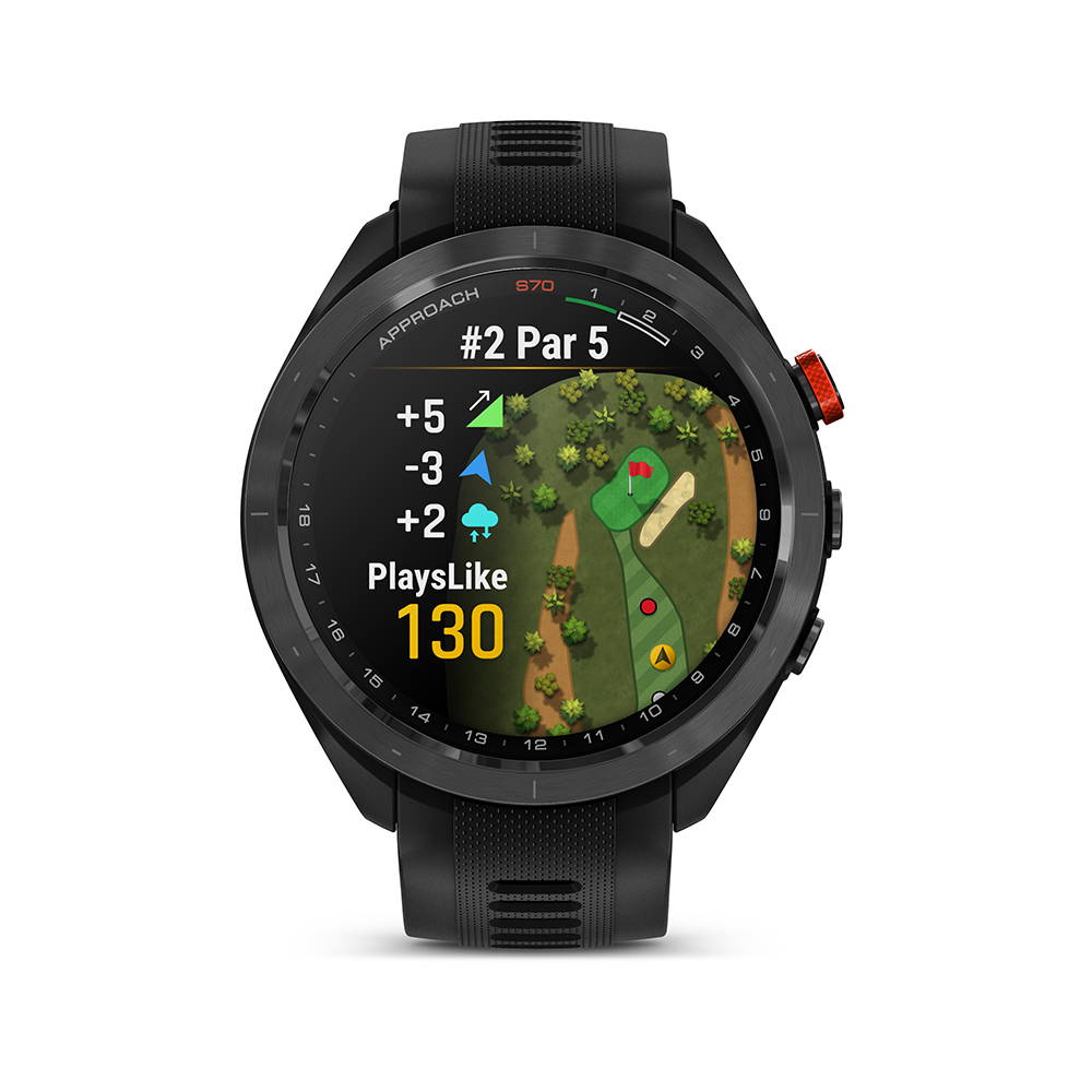 Front view of the Garmin Approach S70 with PlaysLike Distances on the display with color overhead image of the golf course