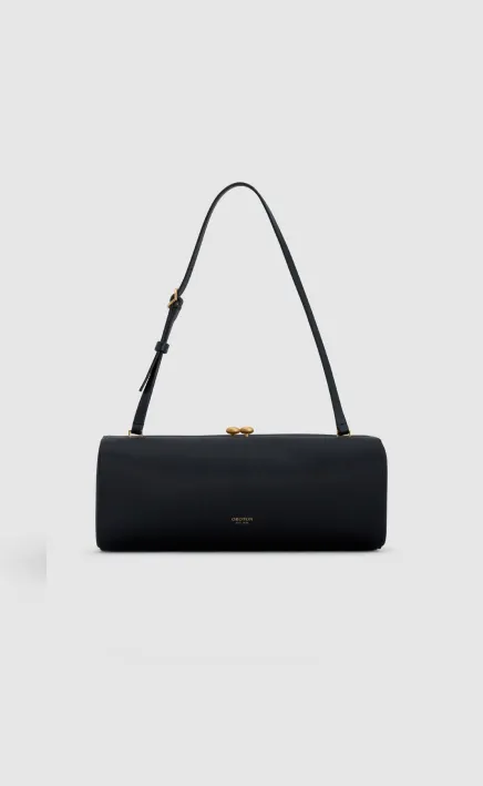 Black cylindrical handbag with a single strap and gold clasp.