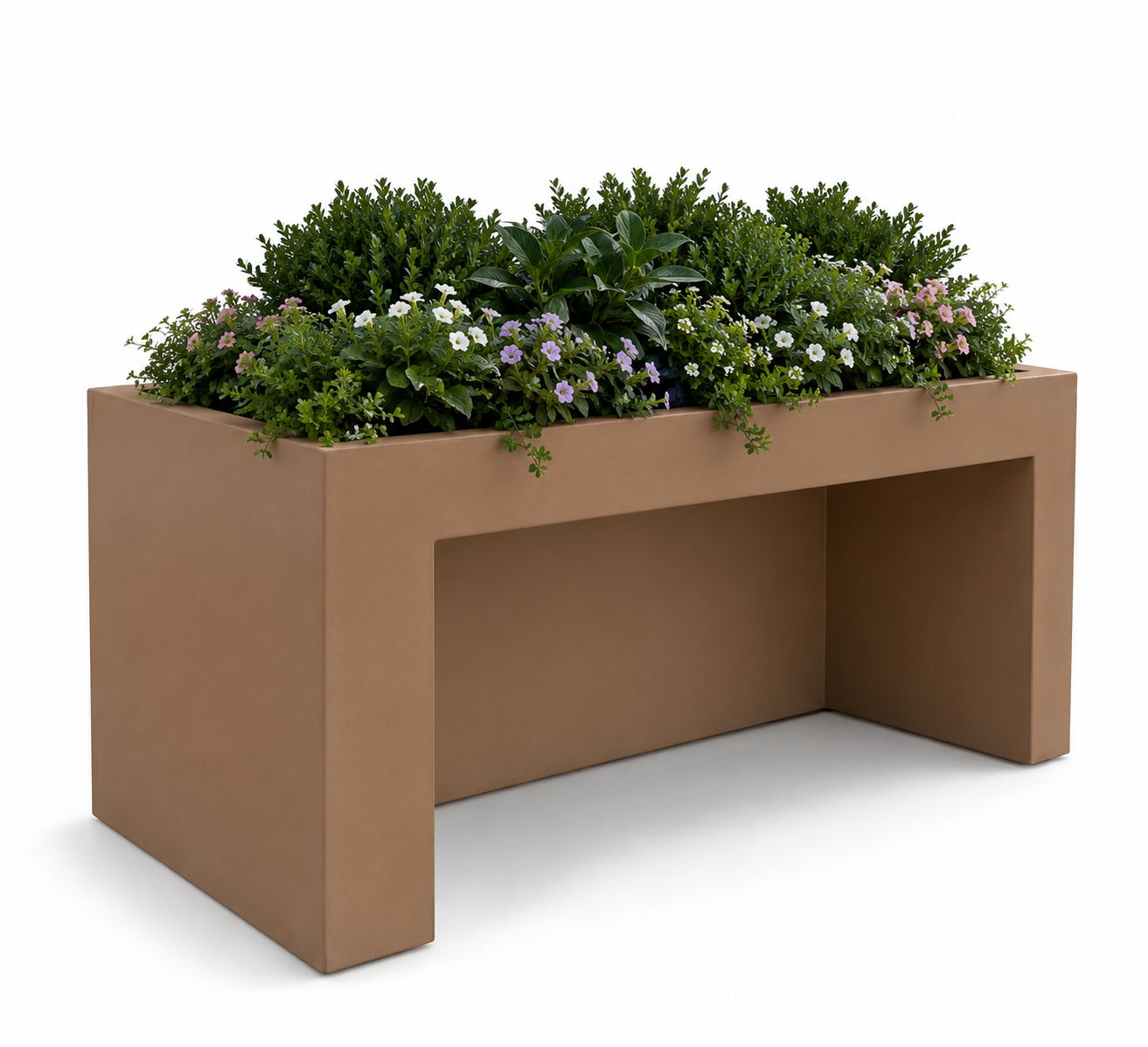 Brown ADA- compliant planter box with lush greenery and flowers on top.