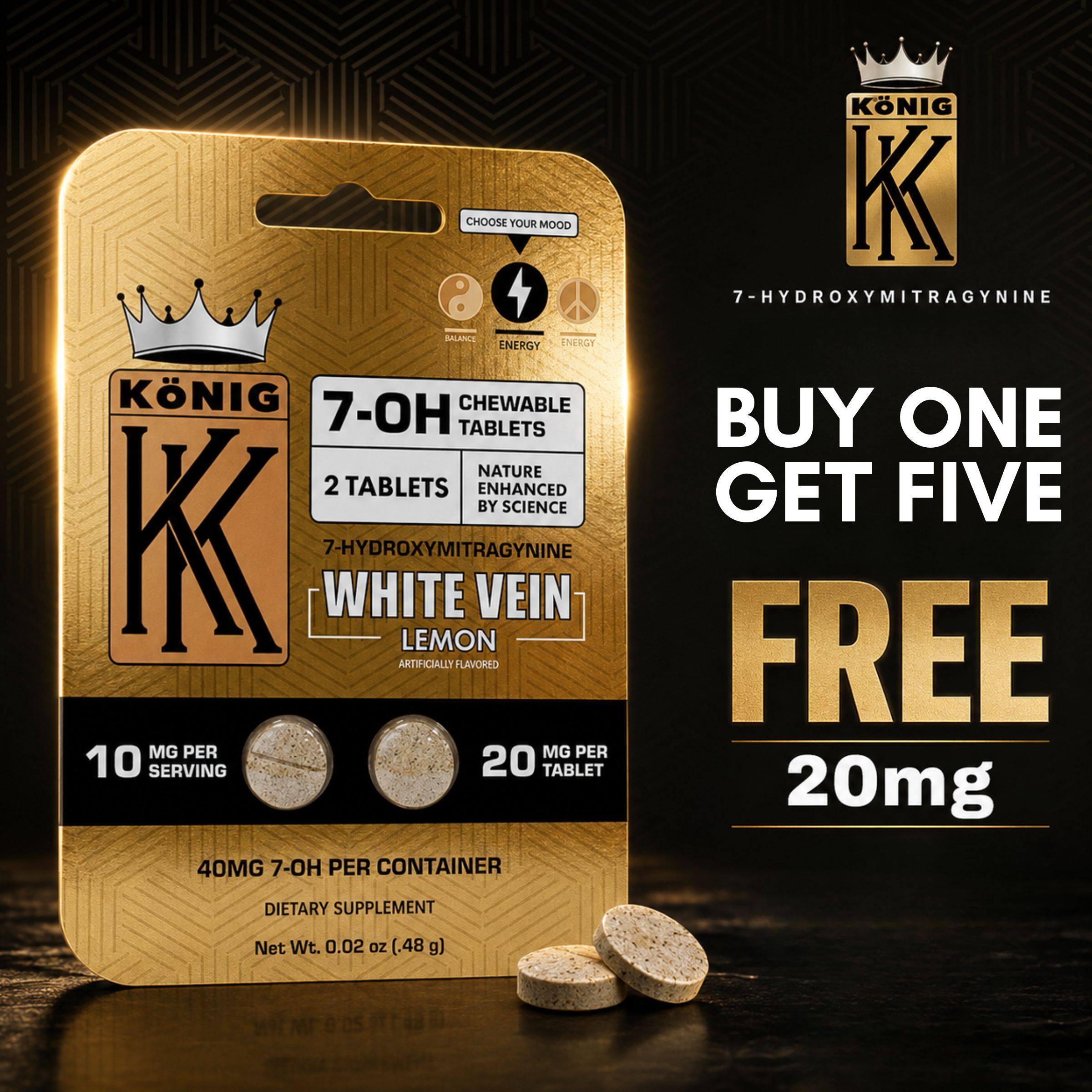 König 7-OH White Vein tablets, promotional offer, gold packaging, two tablets shown.
