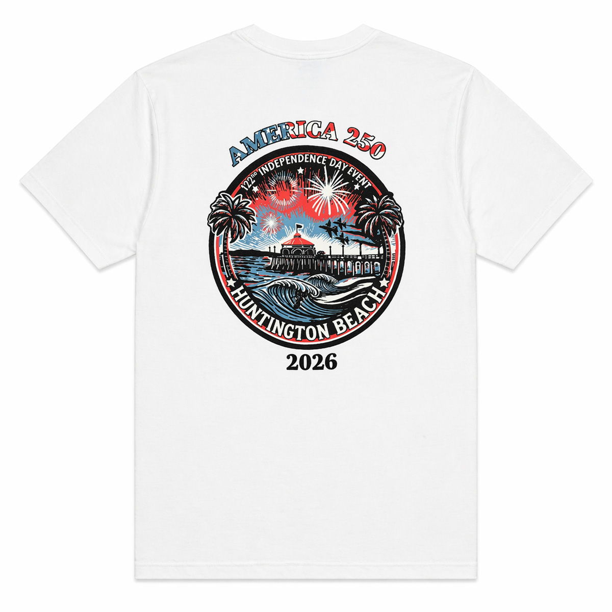 white t shirt with red white and blue America 250 logo on white background
