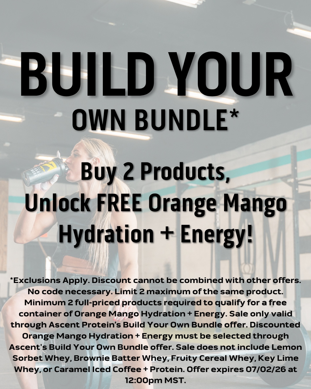 Woman drinking from a shaker bottle in a gym setting with promotional text overlaying it.