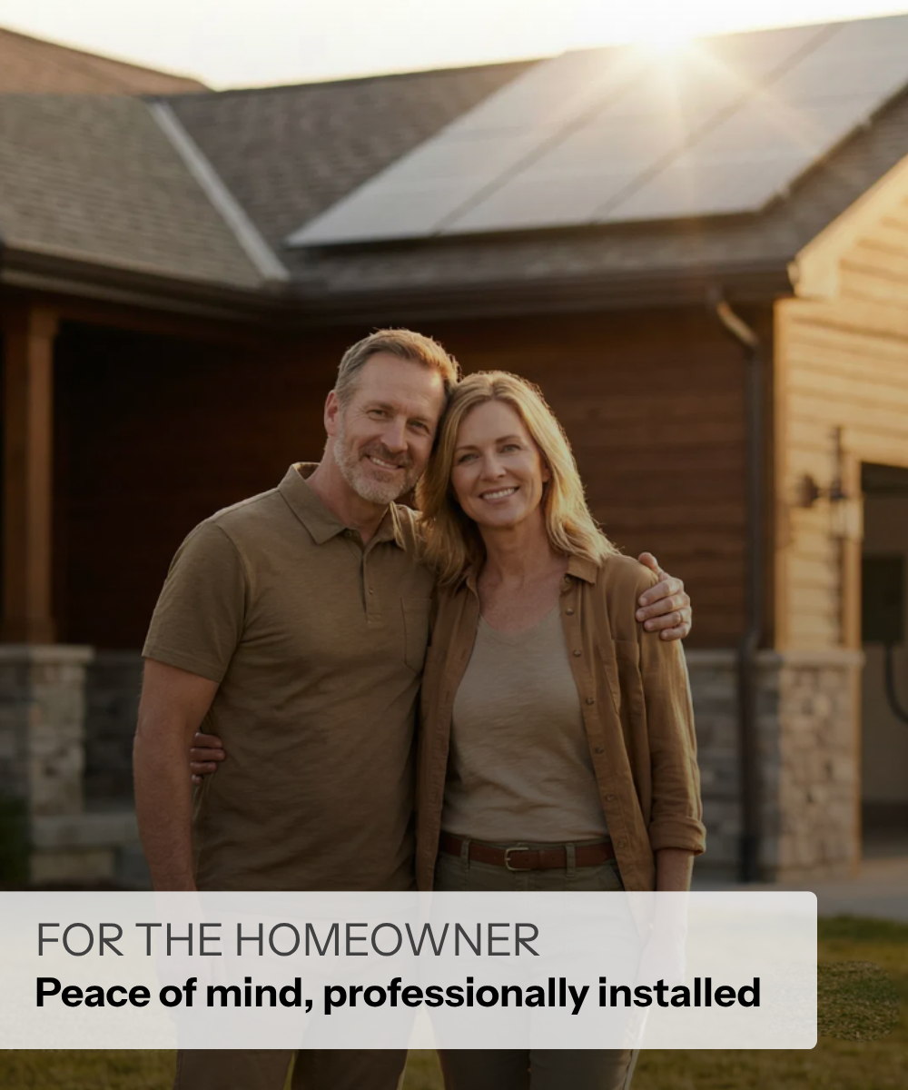 Couple standing outside their home with solar panels, smiling together.