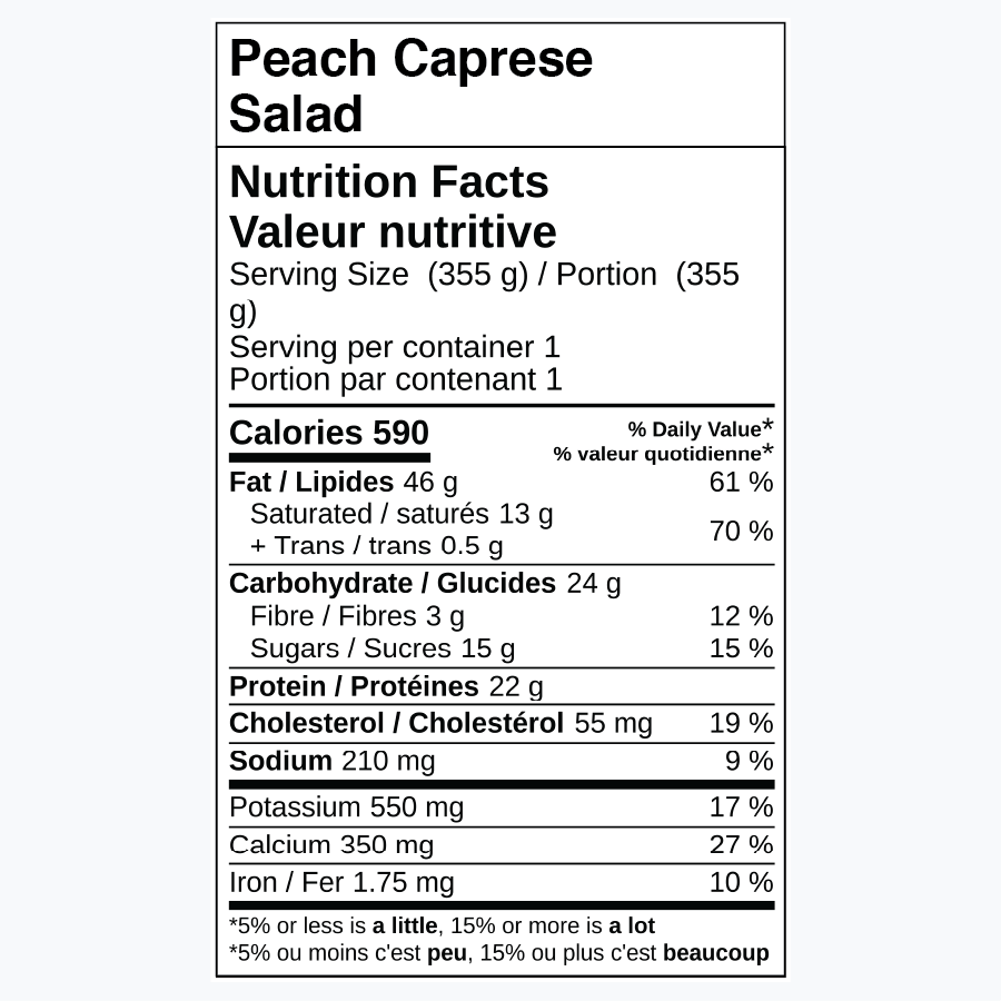 Nutrition facts for Peach Caprese Salad, including calories and nutrient breakdown.