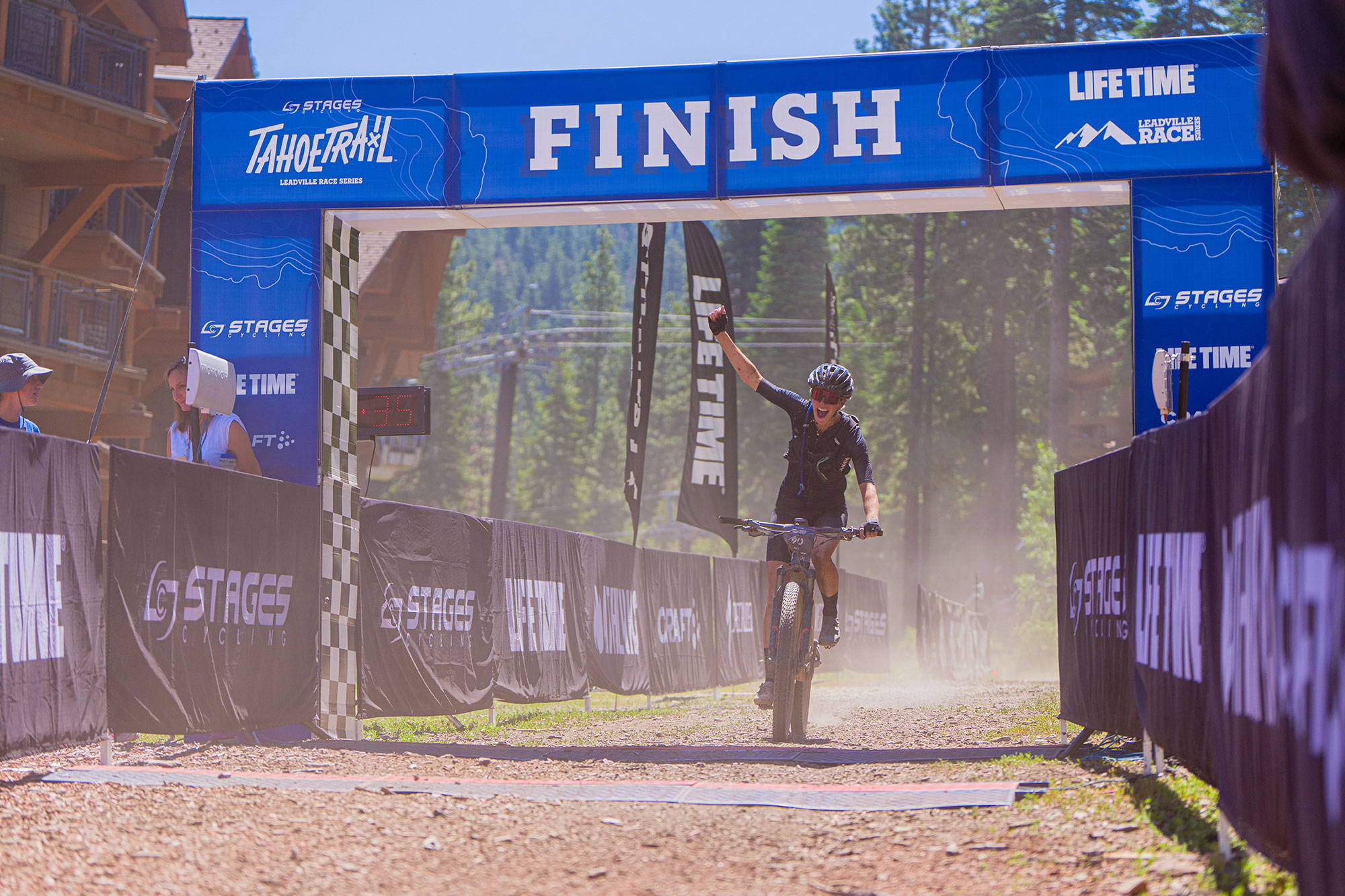 Kate crossing the line at Tahoe Trail