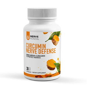 Bottle of Curcumin Nerve Defense dietary supplement with turmeric images.