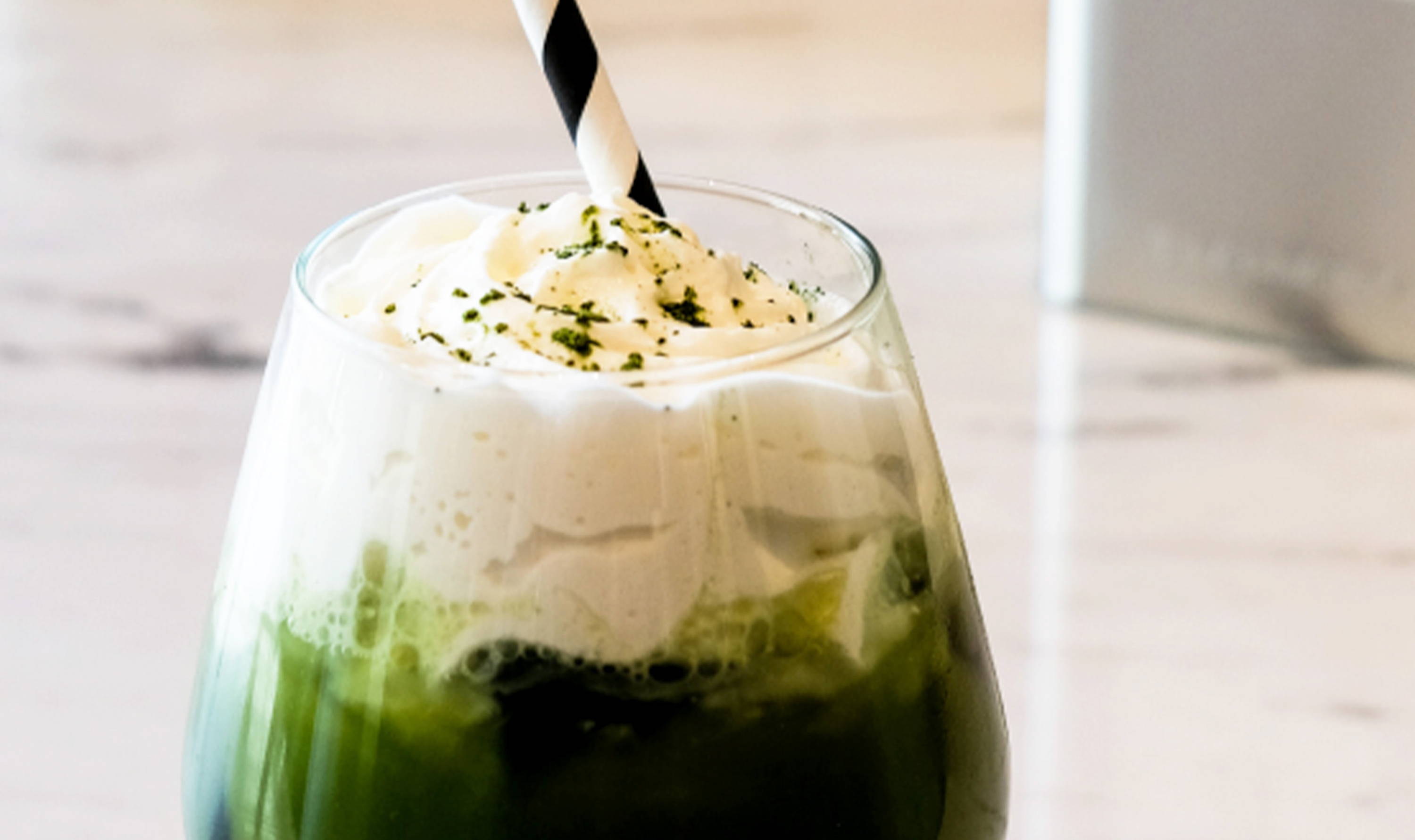 matcha dessert in a glass made with tealeaves tencha matcha