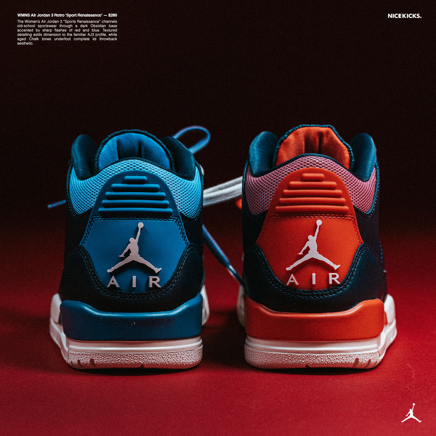 Image of two pairs of Air Jordan sneakers, one blue and one red.