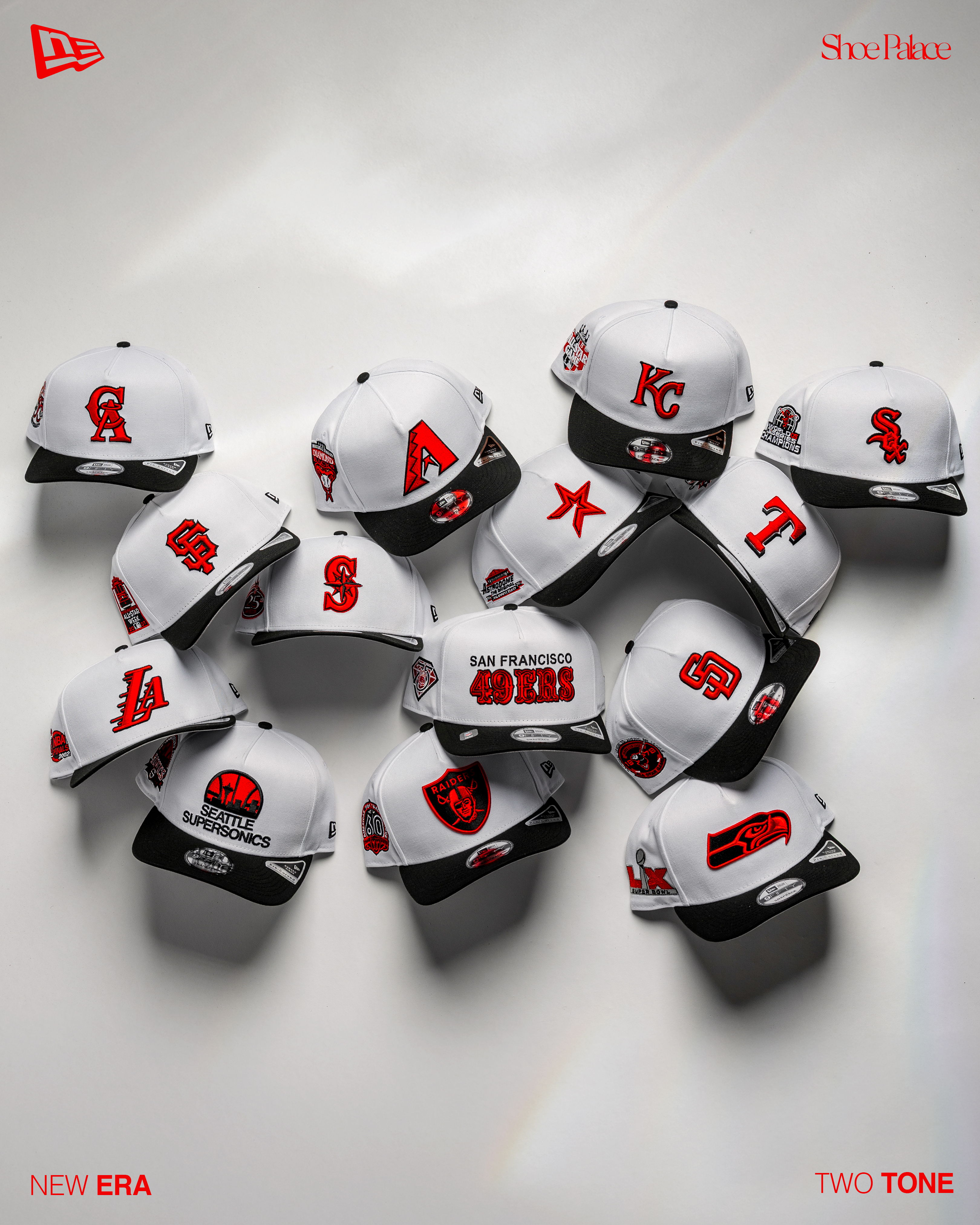 Various baseball caps arranged on a white background, featuring different team logos.
