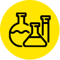 Three laboratory flasks on a yellow background.