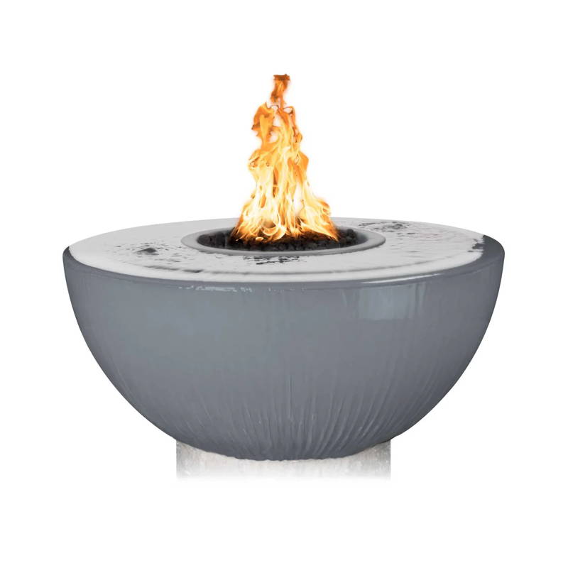 A round shaped fire and water bowl that has 360 degrees spill with glass fiber reinforced concrete finish.