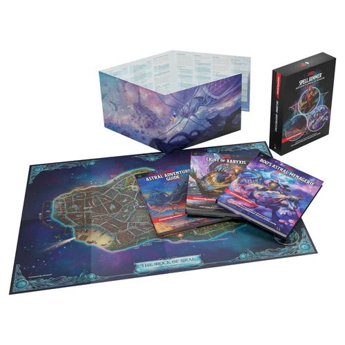 Dungeons & Dragons - Spelljammer: Adventures in Space - Game accessories including a map and rulebooks displayed on a table.