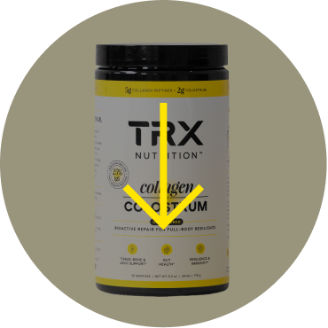 TRX Nutrition collagen colostrum powder container on a light background.