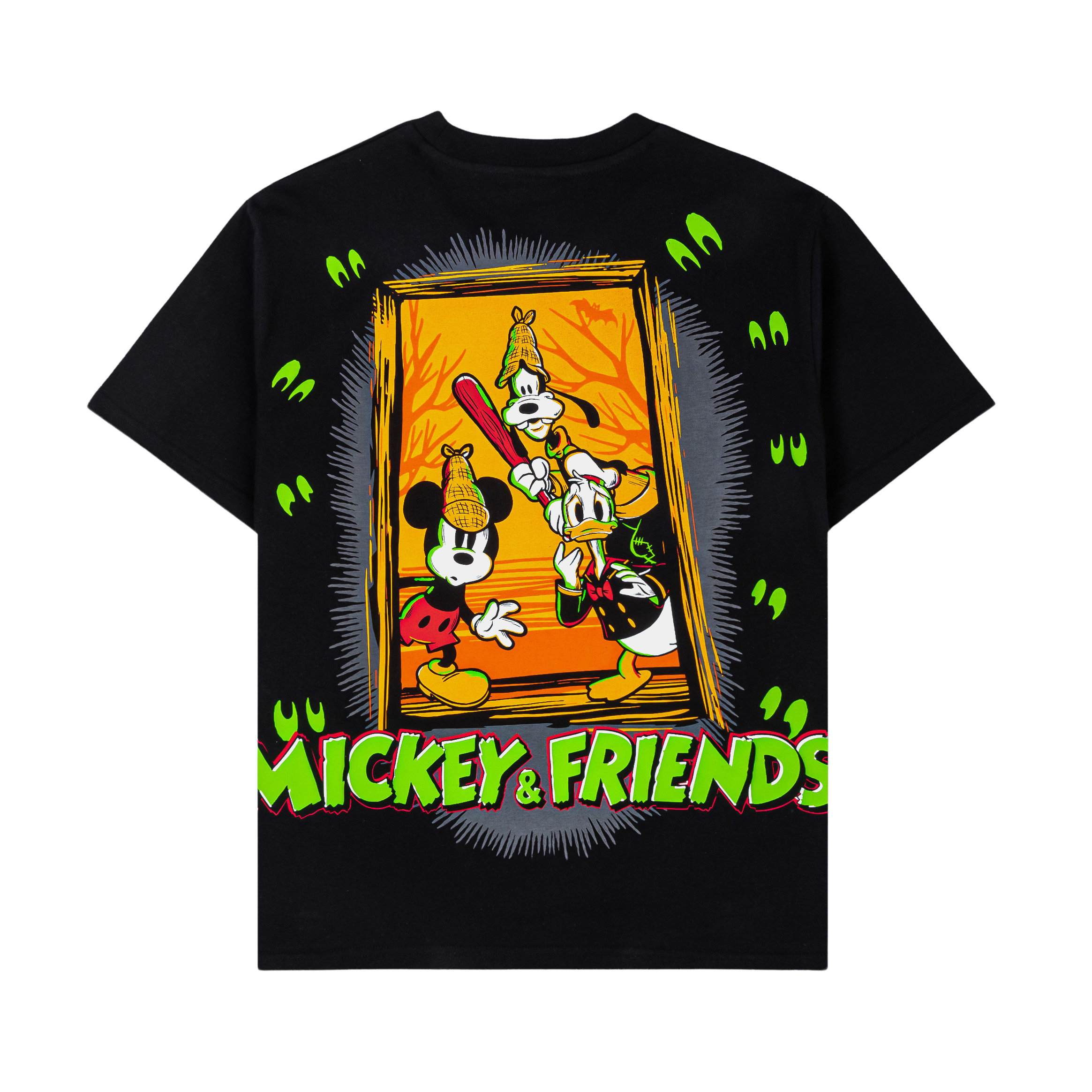 Black t-shirt with ghost and cartoon character graphics.