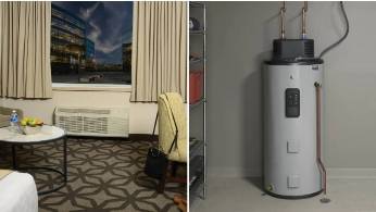 Hotel room with Air Conditioner and Utility Room with Water Heater