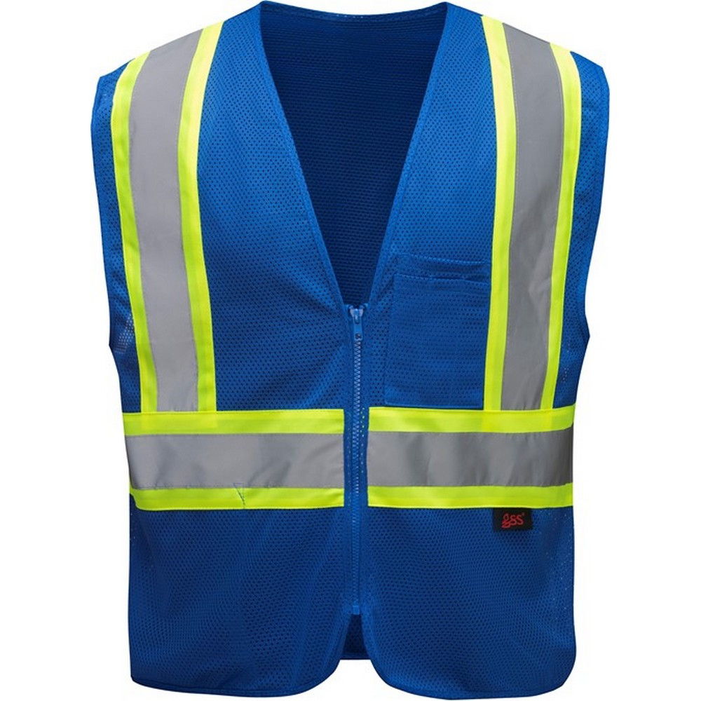Blue safety vest with reflective stripes.