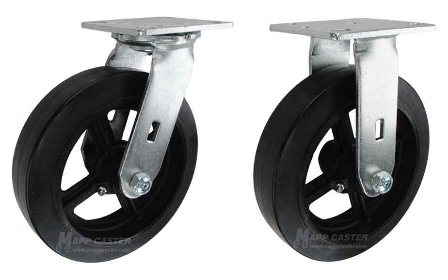 Swivel & Rigid plate casters with Rubber on iron wheels that offer a smooth & cushioned ride for rough & uneven floors