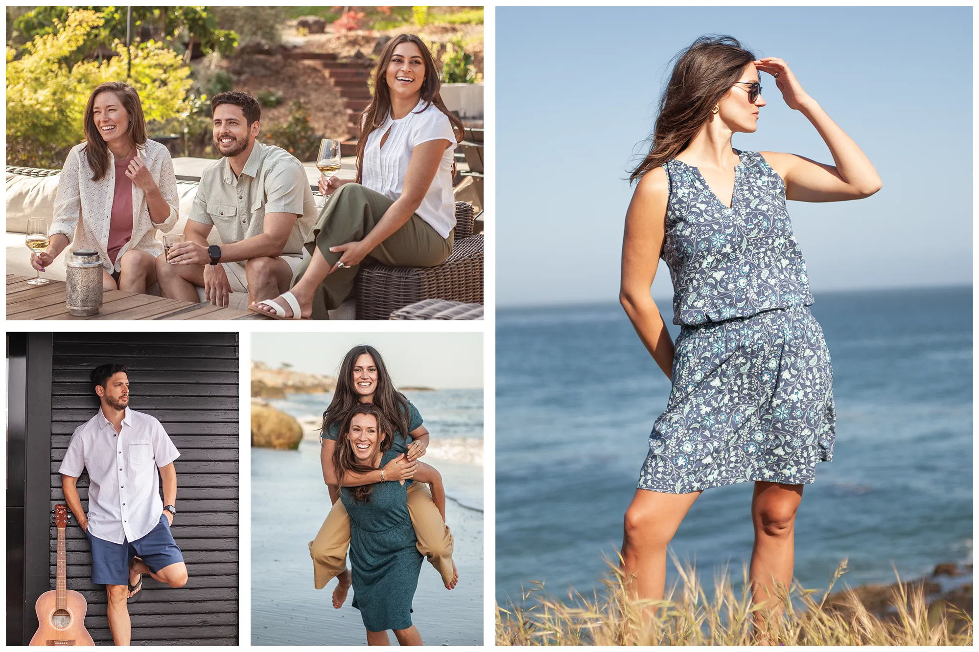 Collage of people in casual outfits at outdoor locations.