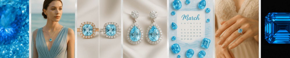 collage of aquamarine guide images showing close-up gemstone facets, woman wearing aquamarine pendant, aquamarine rings and earrings with diamonds, March birthstone calendar, aquamarine ring on hand, and emerald-cut aquamarine