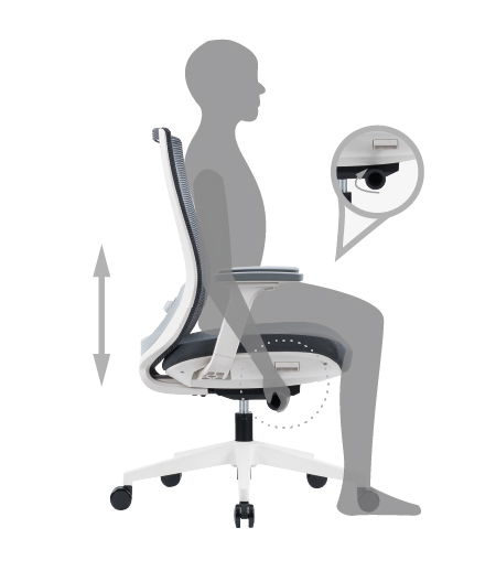 ofinto Ergo Studio | Seat Height: Hold the lever on the right side behind the dial upward to adjust the seat height