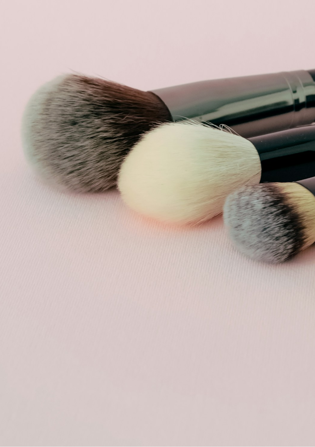 A selection of makeup brushes, arranged left to right from largest to smallest