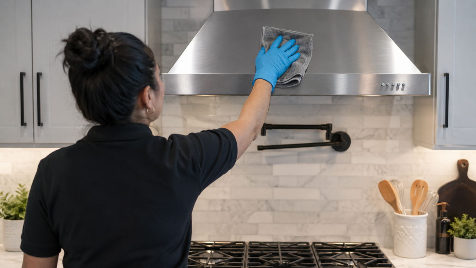 Person cleaning a kitchen range hood with a cloth and wearing gloves.