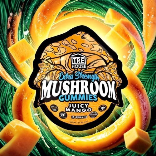 Mushroom gummies packaging with a juicy mango flavor design.