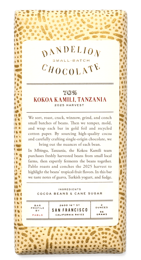 Dandelion Chocolate bar packaging featuring Kokoa Kamili, Tanzania, 2023 harvest.