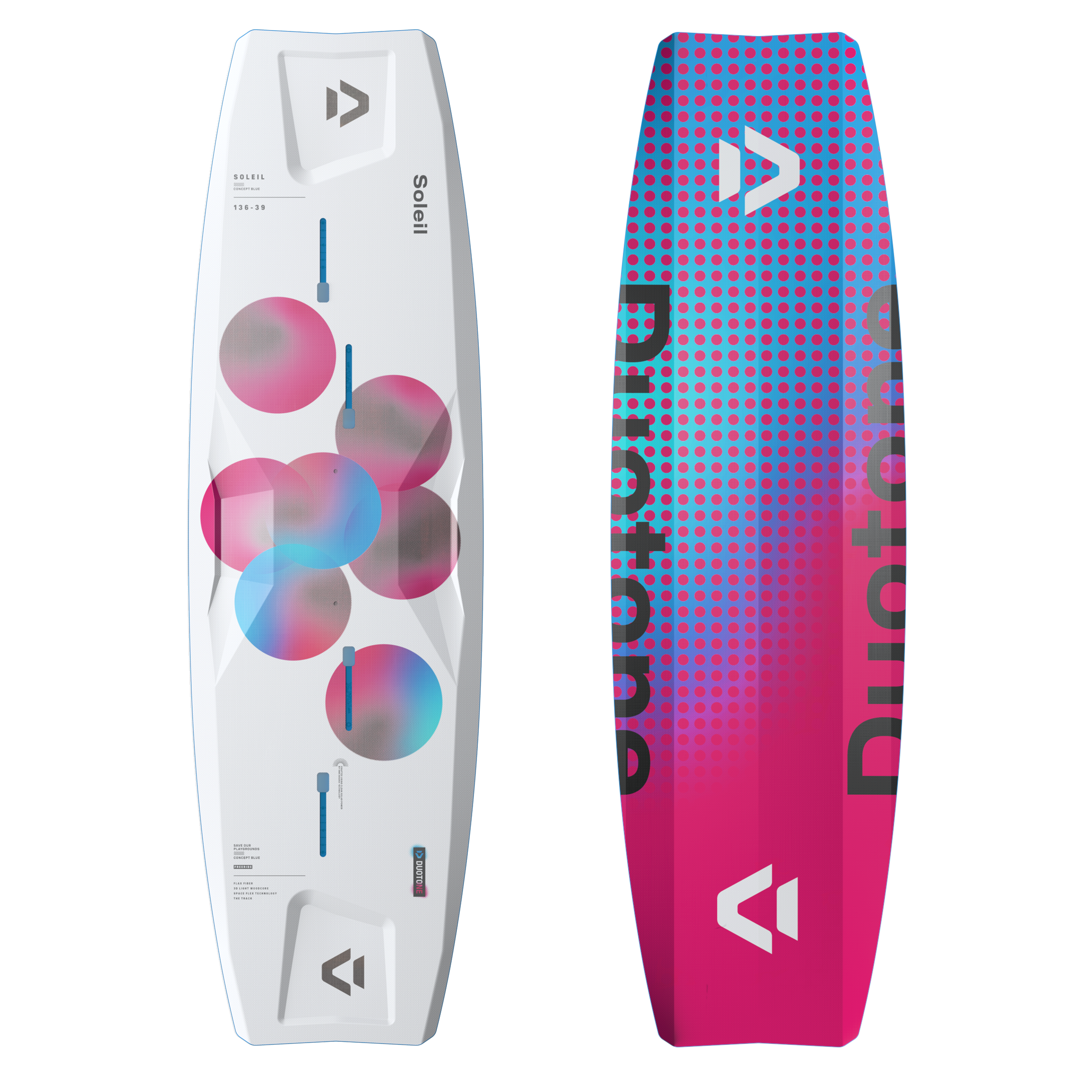 Une planche de kitesurf Duotone Soleil Concept Blue 2026 colorée, ornée de motifs abstraits et du logo de la marque.