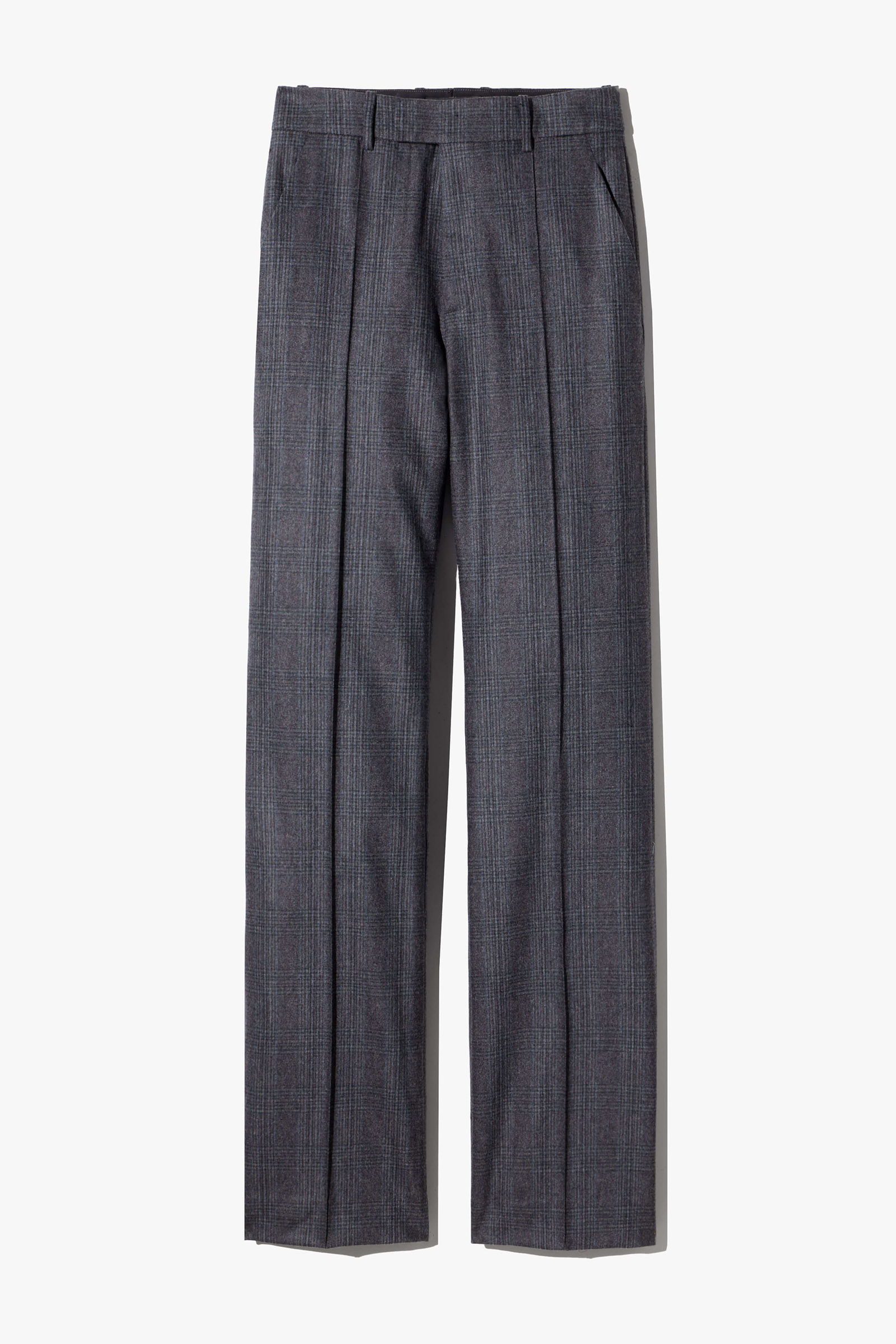 Gray dress pants with a tailored fit and pleats.