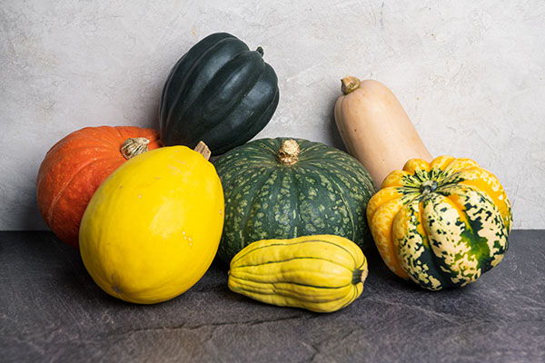 Various types of colorful squashes arranged on a surface.