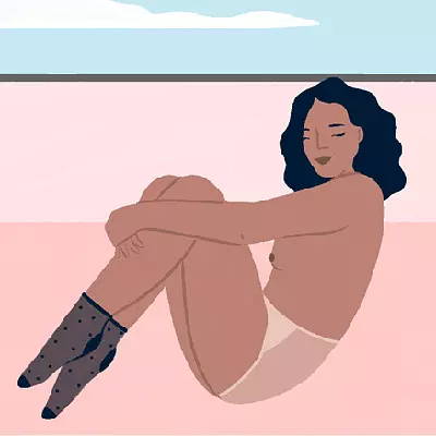 Ilustração de mulher sentada de lado segurando os joelhos perto do tronco