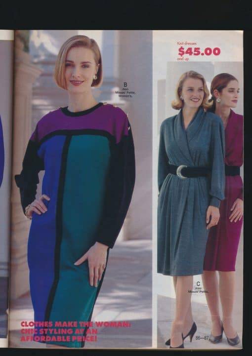 Sears 1992 Fall/Winter – This color-blocked sweater dress features a cool color scheme and button-embellished shoulders. 