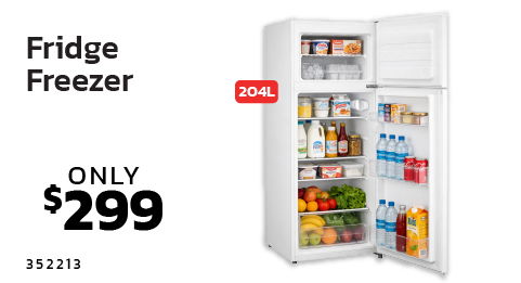Fridge freezer with various food items, priced at $299.
