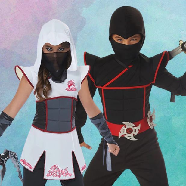 A pink and blue background with a girl and boy ninja costumes. Click to shop all Ninja Book Week Costumes.