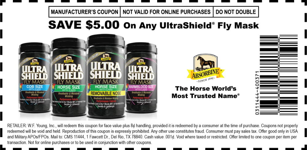 Manufacturer's coupon, save $5.00 on any UltraShield Fly Mask.