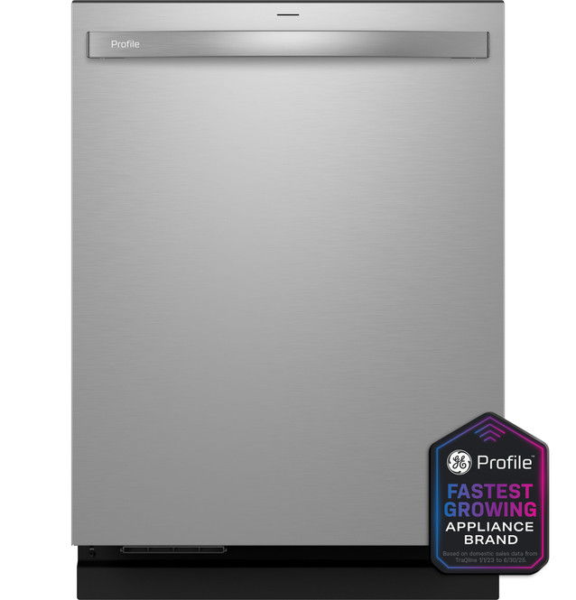 A stainless steel dishwasher with a brand label and award badge.