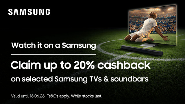 Samsung promotional banner for cashback on TVs and soundbars.